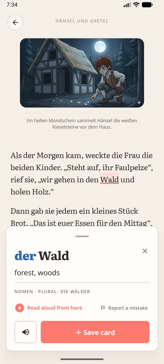 The Mitlesen reader open on Hänsel und Gretel, with the word Wald looked up: der Wald, forest, woods.